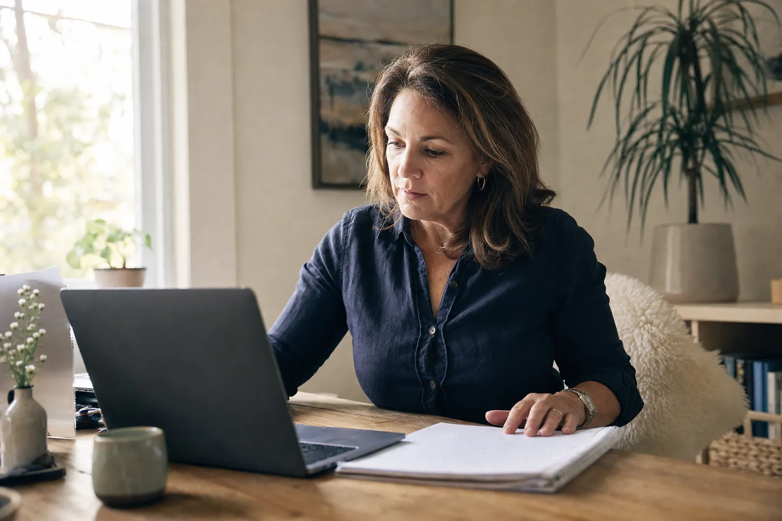 A business coach reviews an AI coaching conversation beside her notes from a client session.